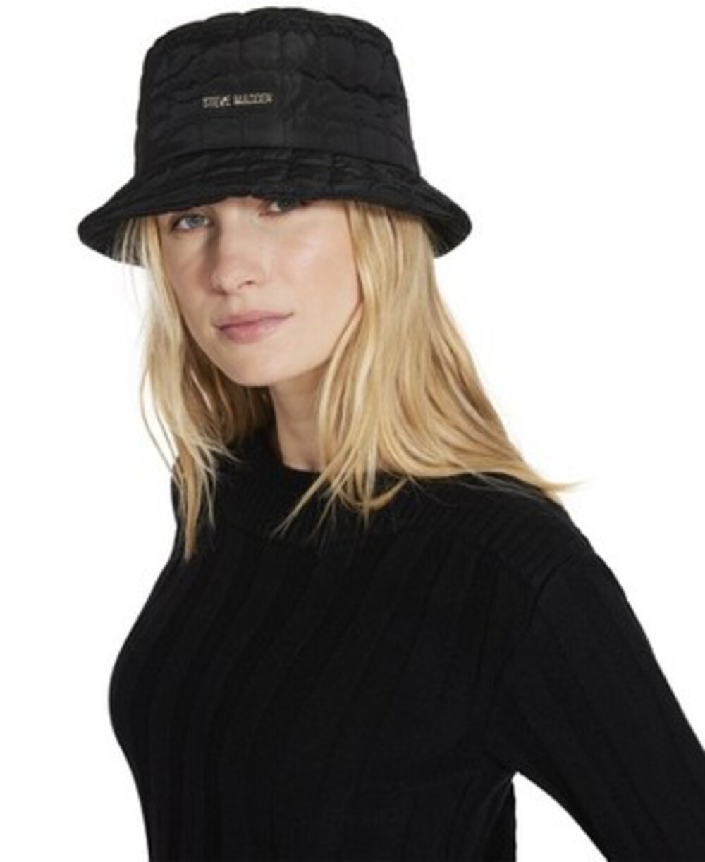 Steve Madden Michi Quilted Bucket Hat Women's One Size Black Logo Detail